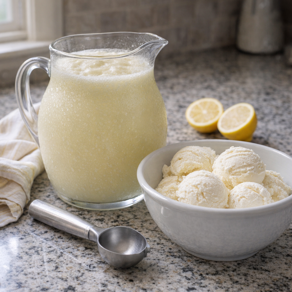 Ingredients for frosted lemonade arranged on a kitchen counter