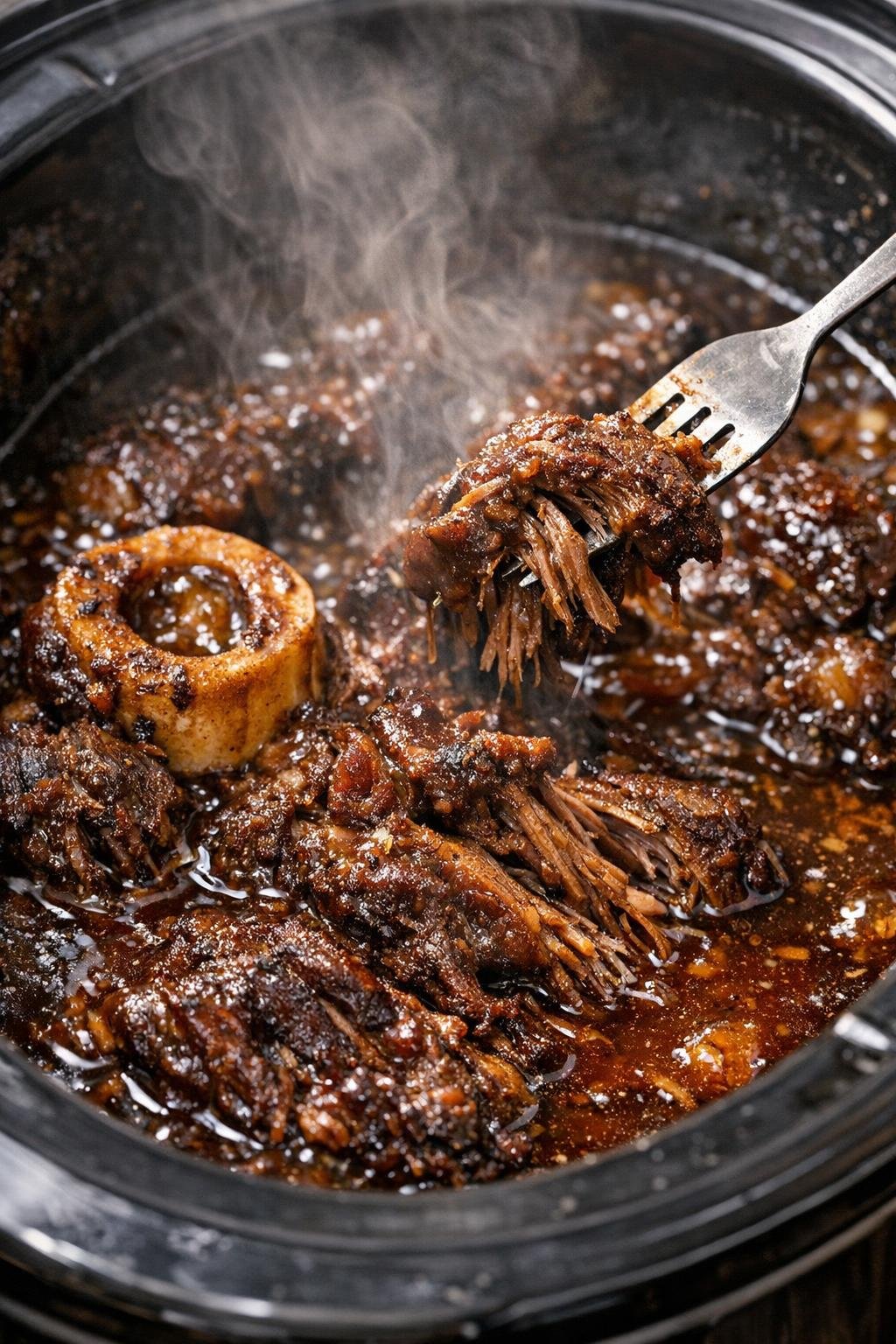 Slow cooker beef shank in dark amber sauce
