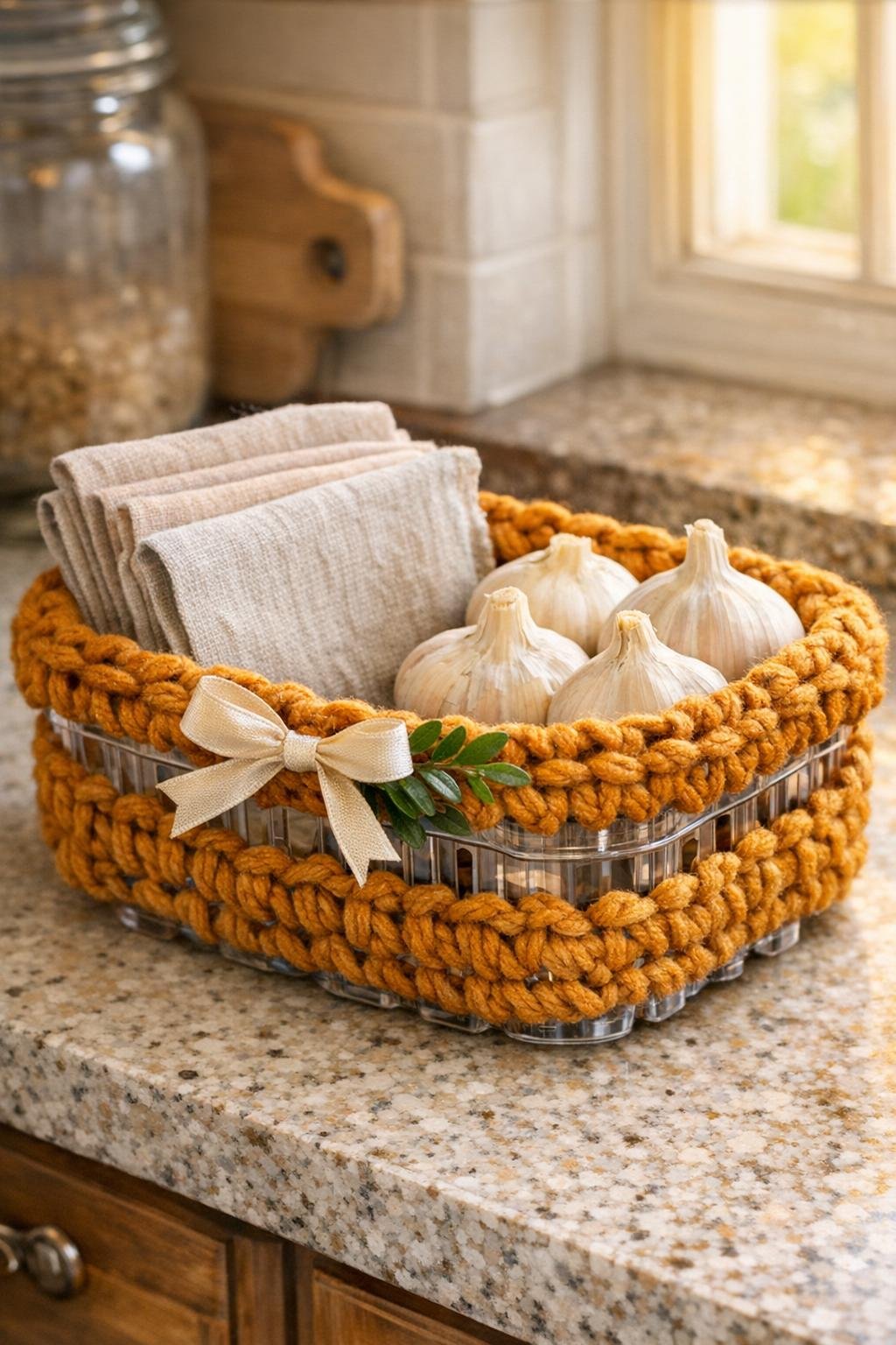 Completed crocheted berry box basket styled on a kitchen counter