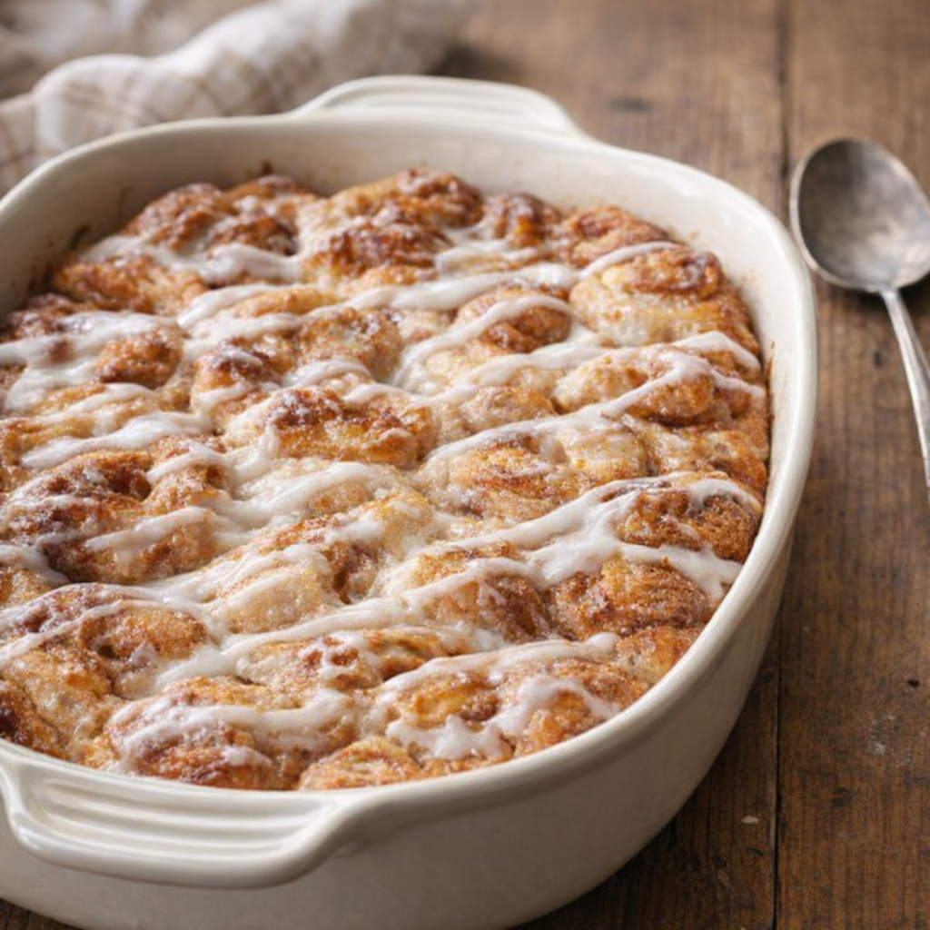 Baked cinnamon roll casserole in a ceramic dish