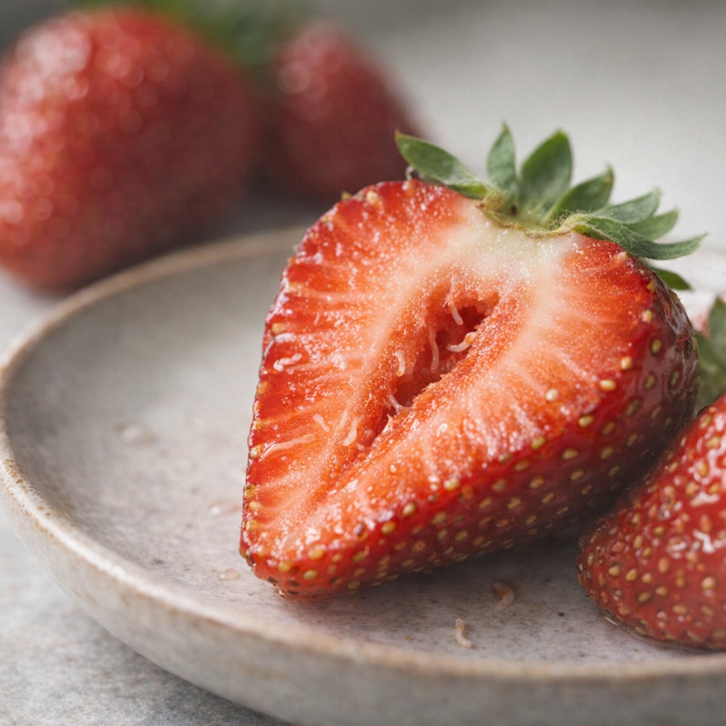 Close view of a cut strawberry showing its soft interior and seeds