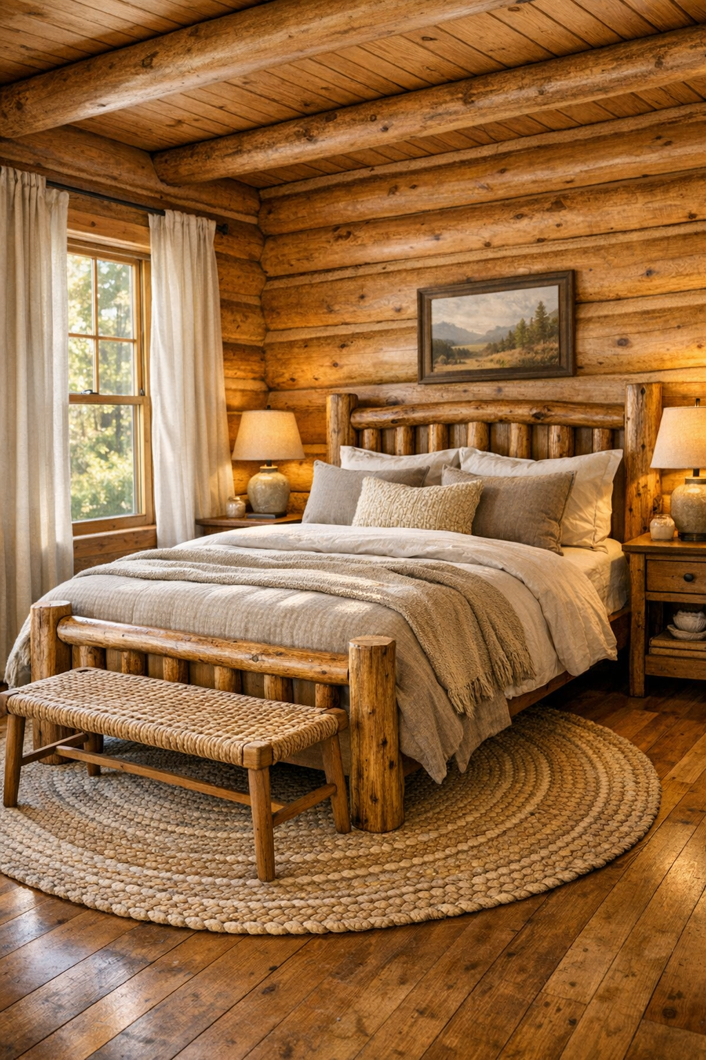 Peaceful rustic bedroom with handcrafted wood bed and layered neutral bedding