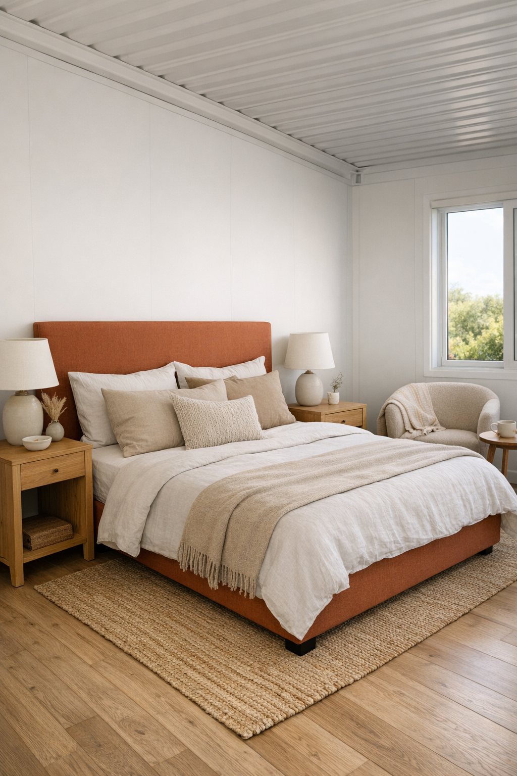 Calm bedroom with terracotta upholstered headboard and layered neutral bedding
