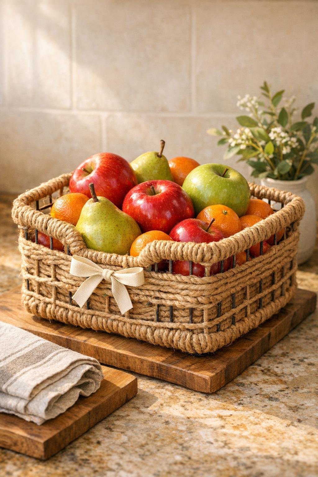 Completed twine-wrapped wire desk organizer fruit basket filled with apples and seasonal fruit on a kitchen counter