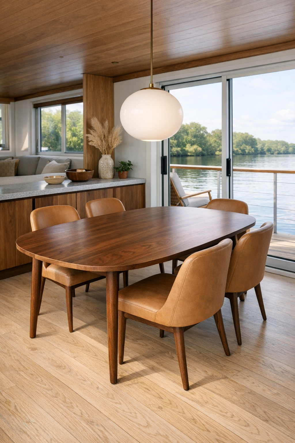 Warm mid-century dining room with walnut table and built-in sideboard