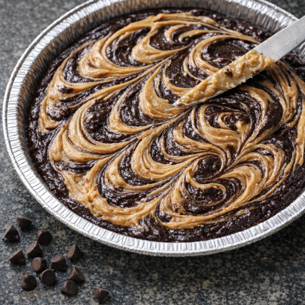 Brownie pie batter with peanut butter swirls before baking