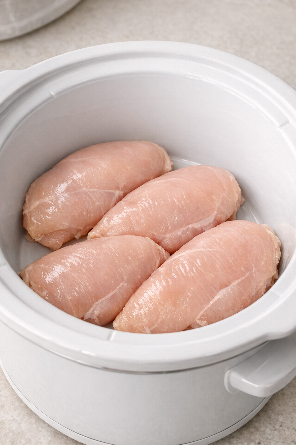Raw chicken breasts arranged in a white slow cooker