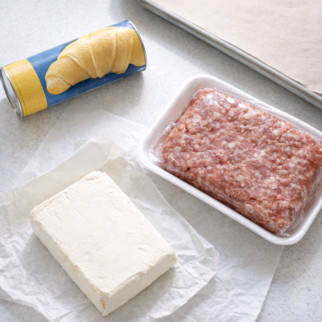 Ingredients for sausage pinwheels laid out on a counter