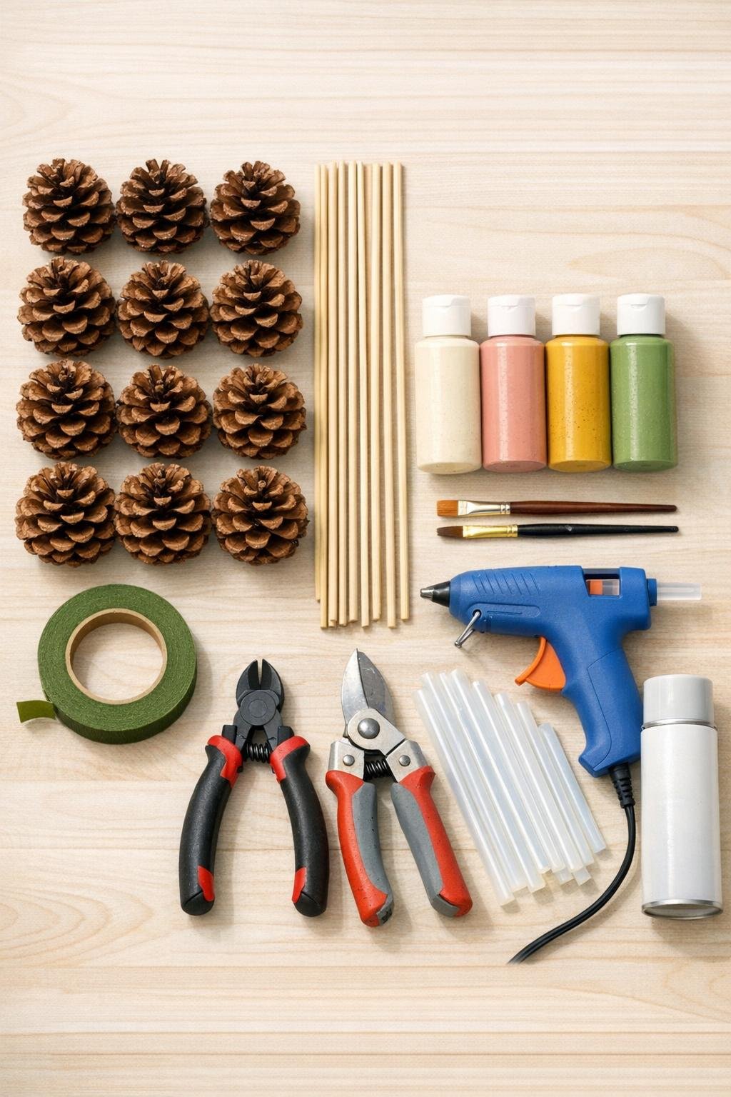 Materials for making pinecone flower stems laid out on a craft table