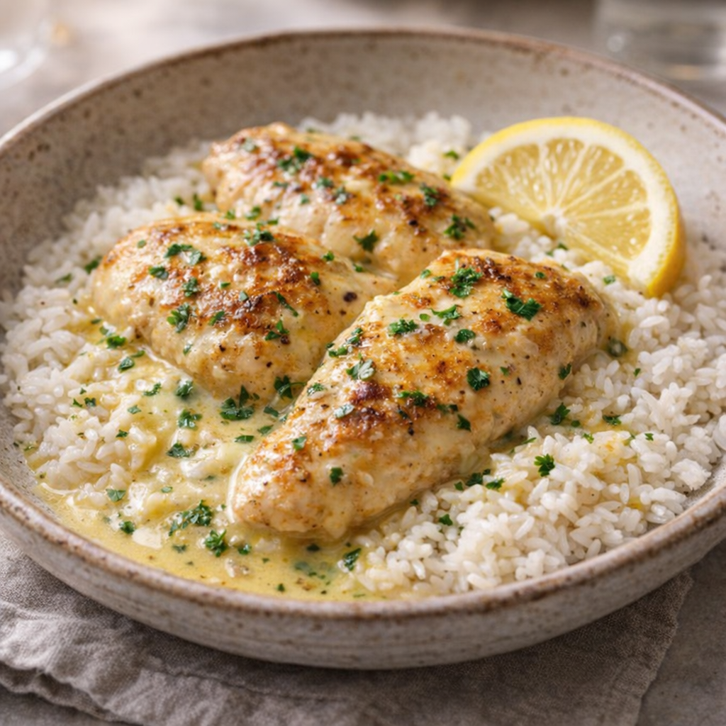 Finished creamy lemon chicken served over rice