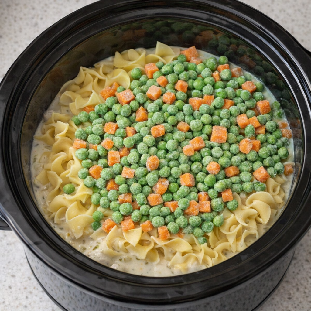 Uncooked noodles and vegetables layered in the slow cooker