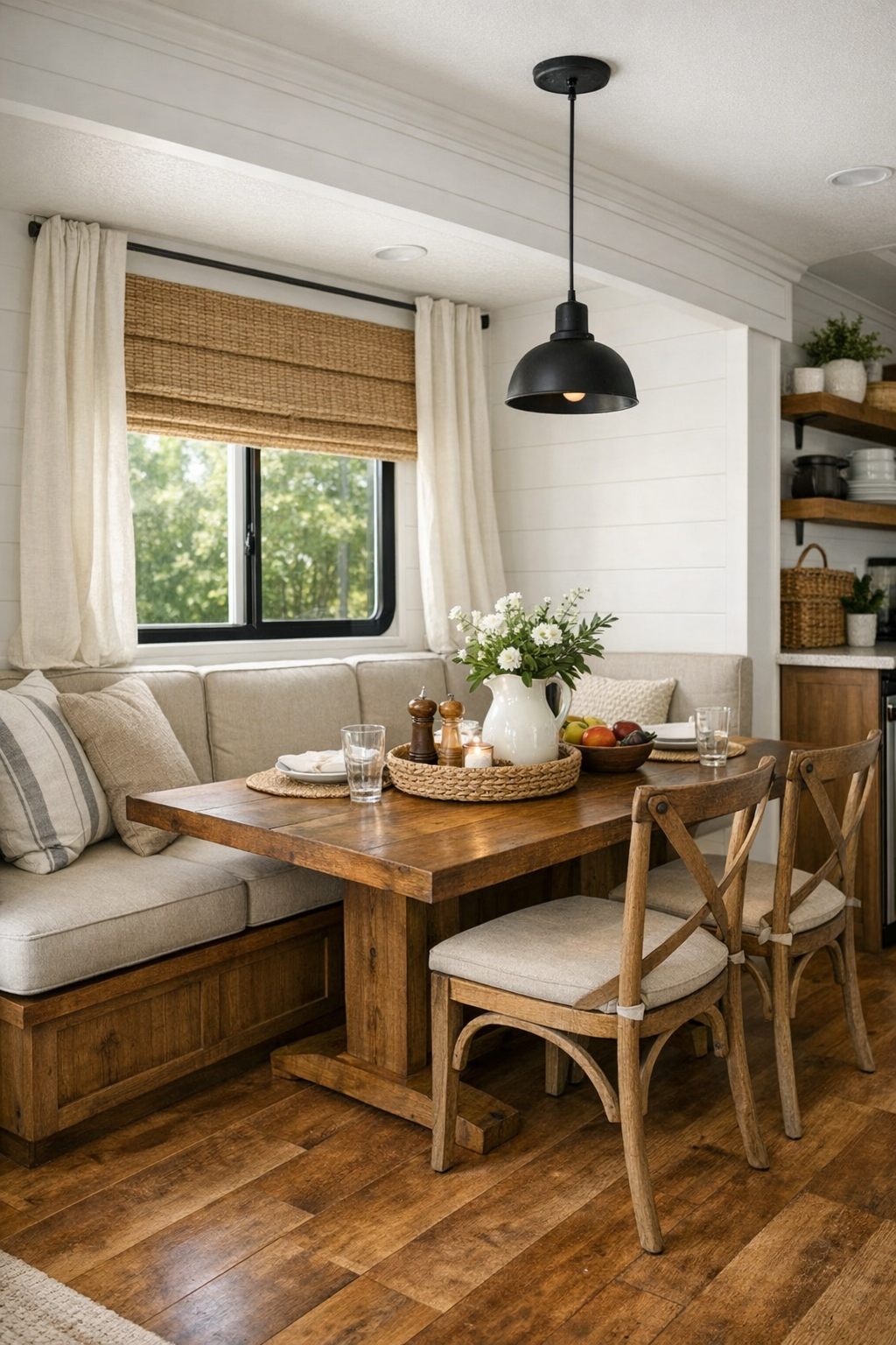 Cozy farmhouse dining nook with a built-in banquette, wood table, cross-back chairs, and pendant light