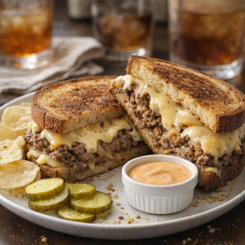 Patty melt variation with rye bread and extra cheese