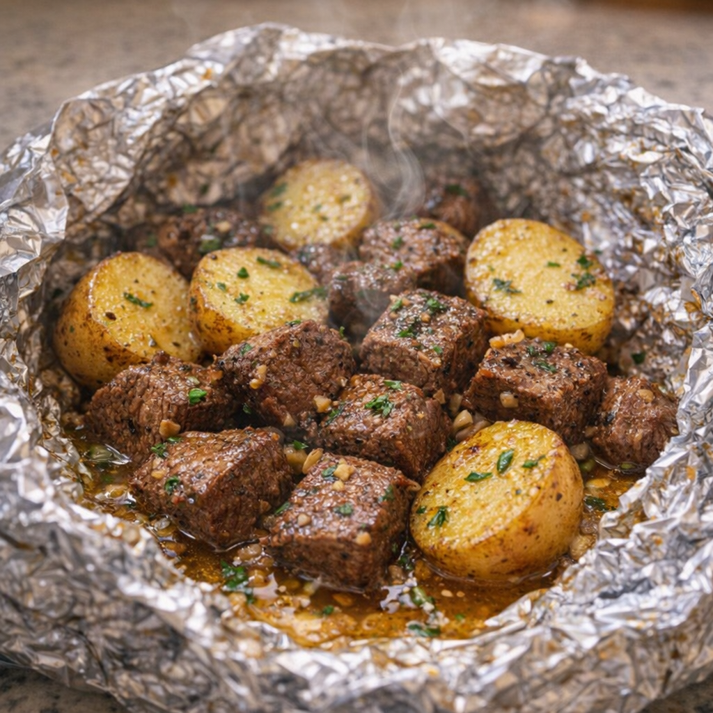 Opened foil packet after baking with browned steak and tender potatoes