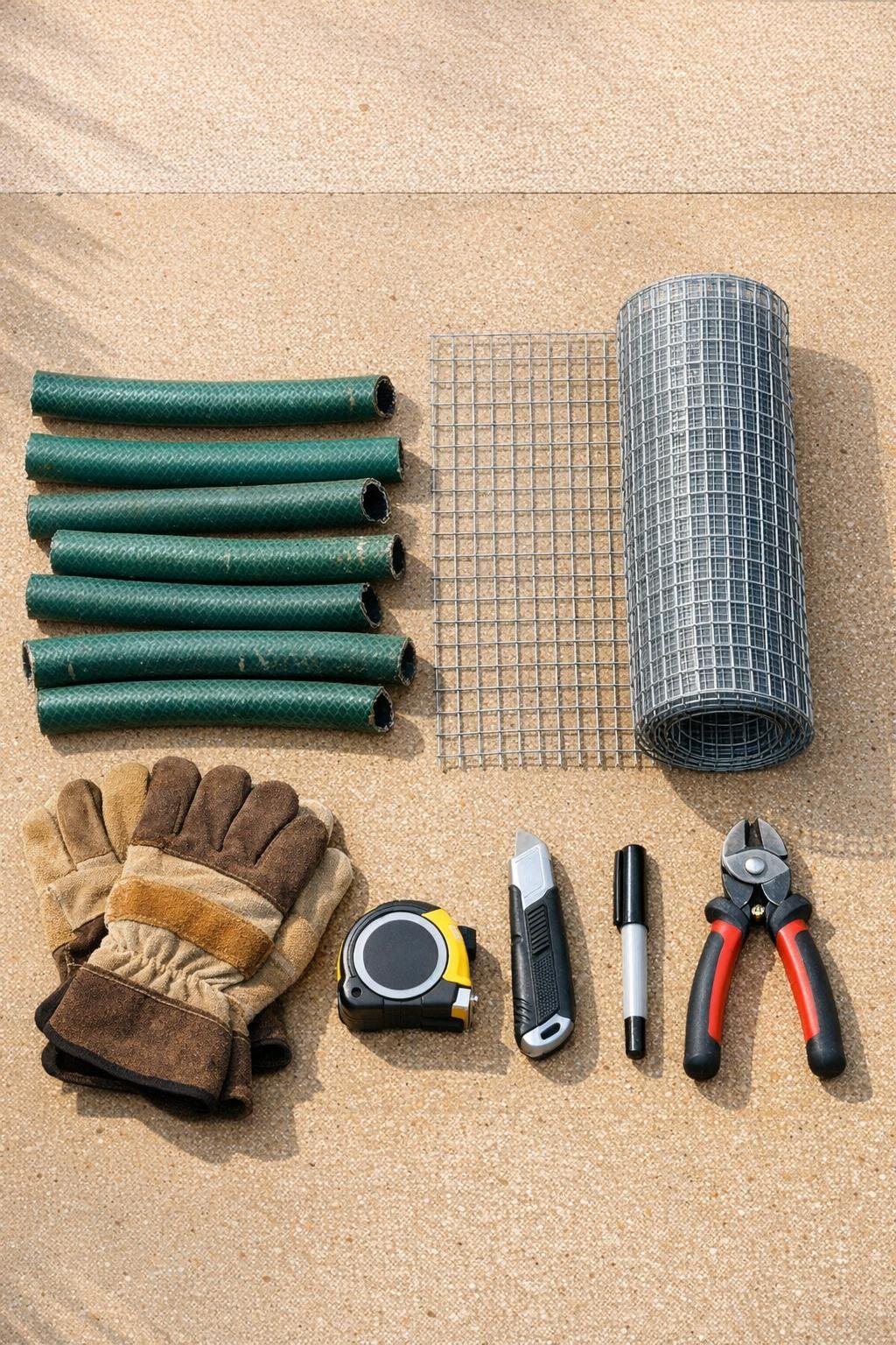 Garden hose offcuts and wire mesh laid out for the project