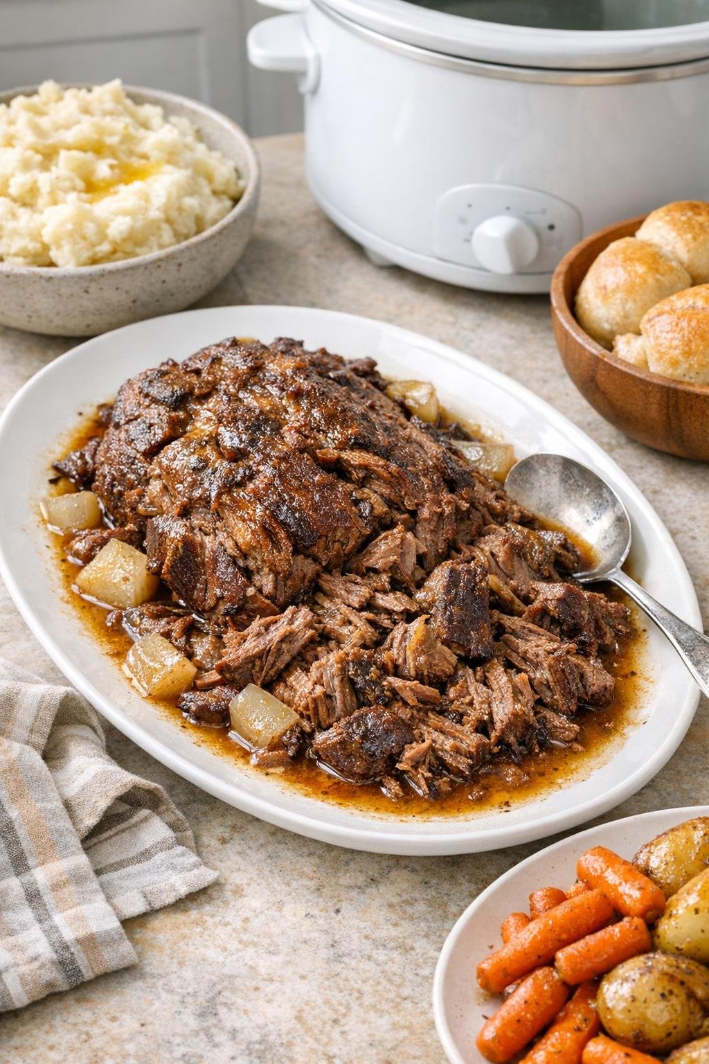 Finished slow cooker beef chuck eye roast on a platter