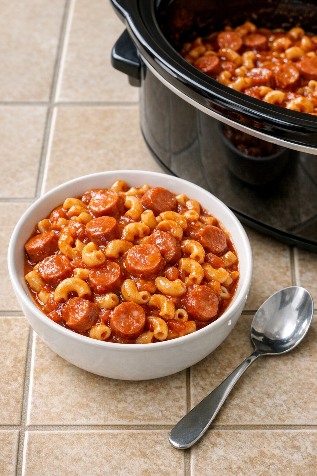 Finished hot dog goulash plated in a bowl