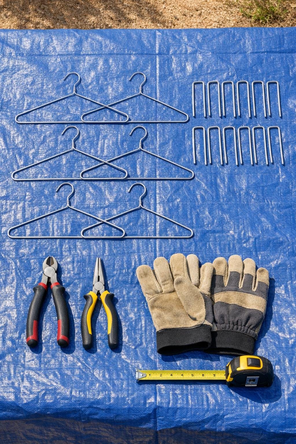 Wire coat hangers, landscape staples, and basic tools laid out on a tarp