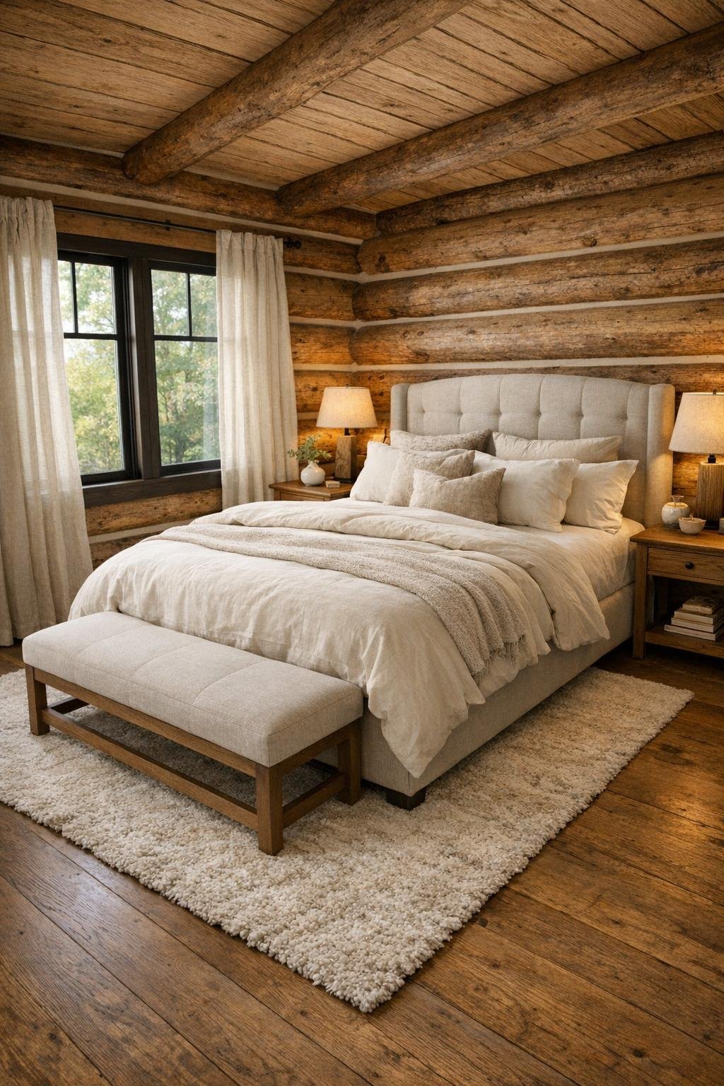 Soft neutral bedroom with upholstered bed and warm wood textures