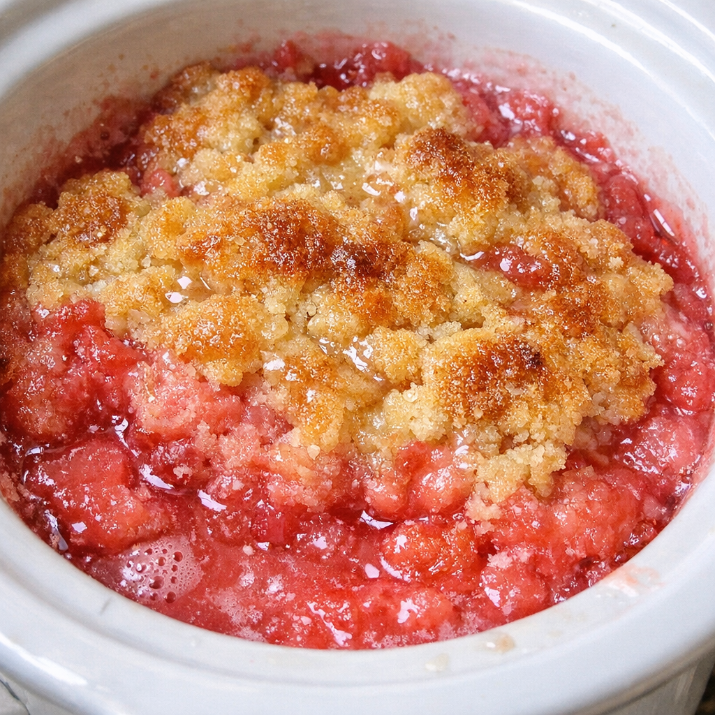 Slow cooker watermelon agua fresca cobbler in a white slow cooker
