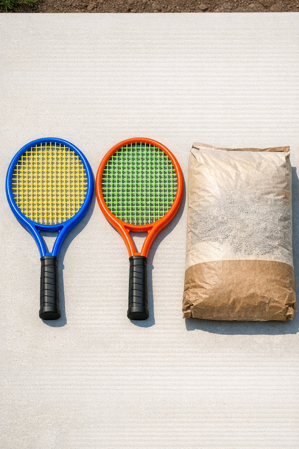 Plastic tennis rackets and dry cement mix laid out for the project