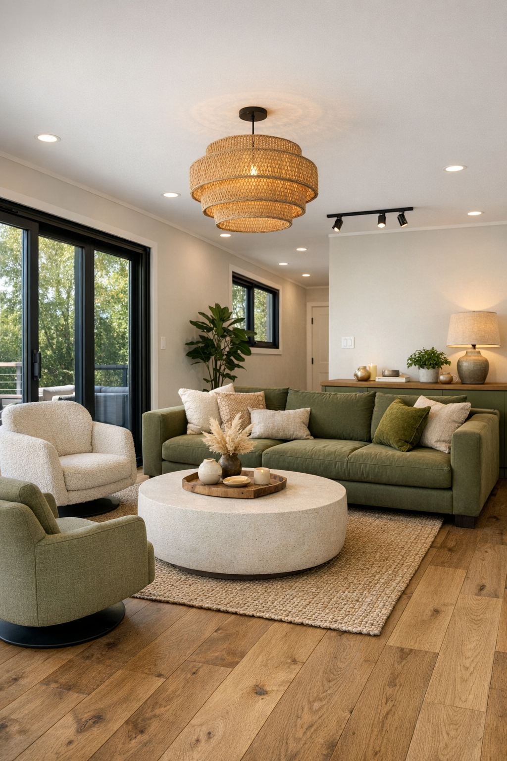 Modern accessible living room inside an olive green container home with oak floors and soft neutral furnishings