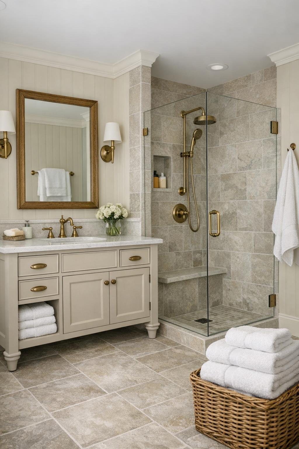 Timeless cottage bathroom with stone-look tile and brass fixtures