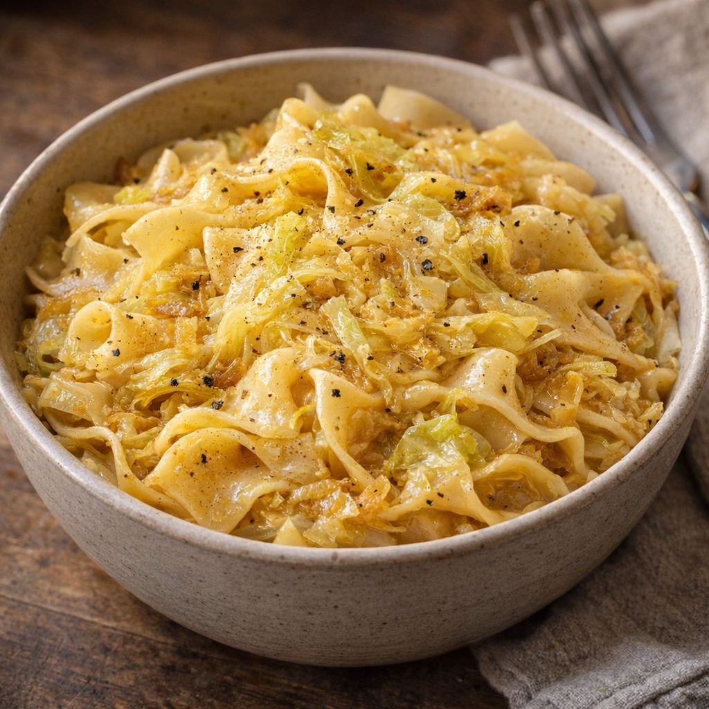 Bowl of cabbage noodles with black pepper