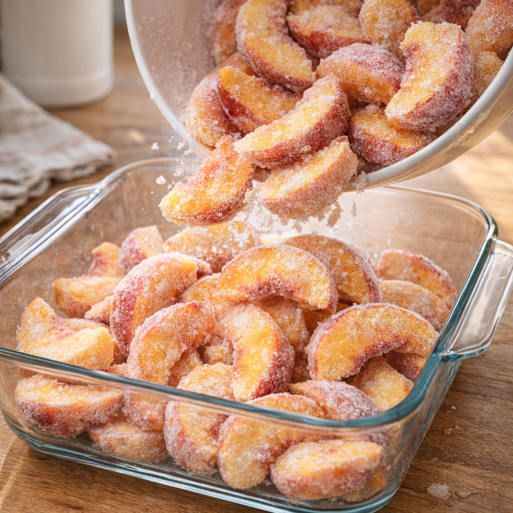 Frozen peach slices poured into a glass baking dish