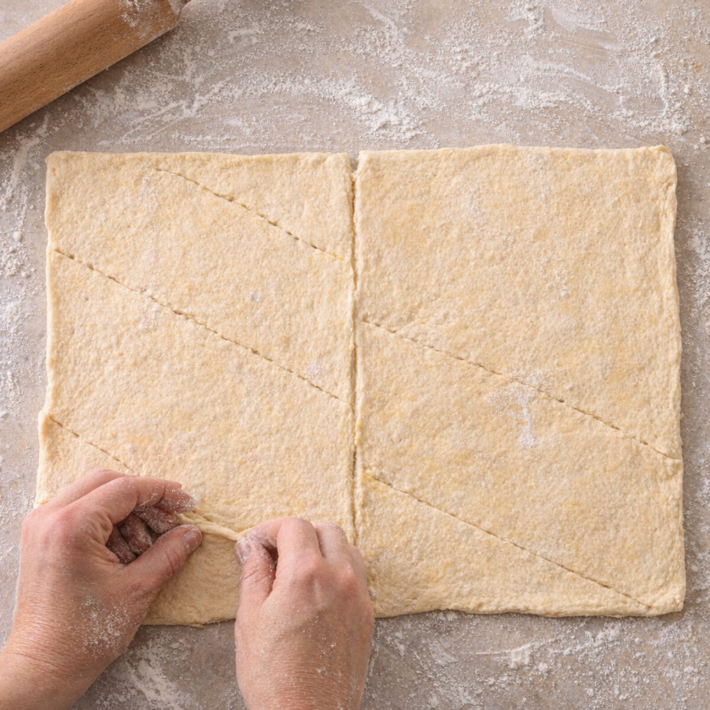 Crescent dough rectangles on a floured countertop