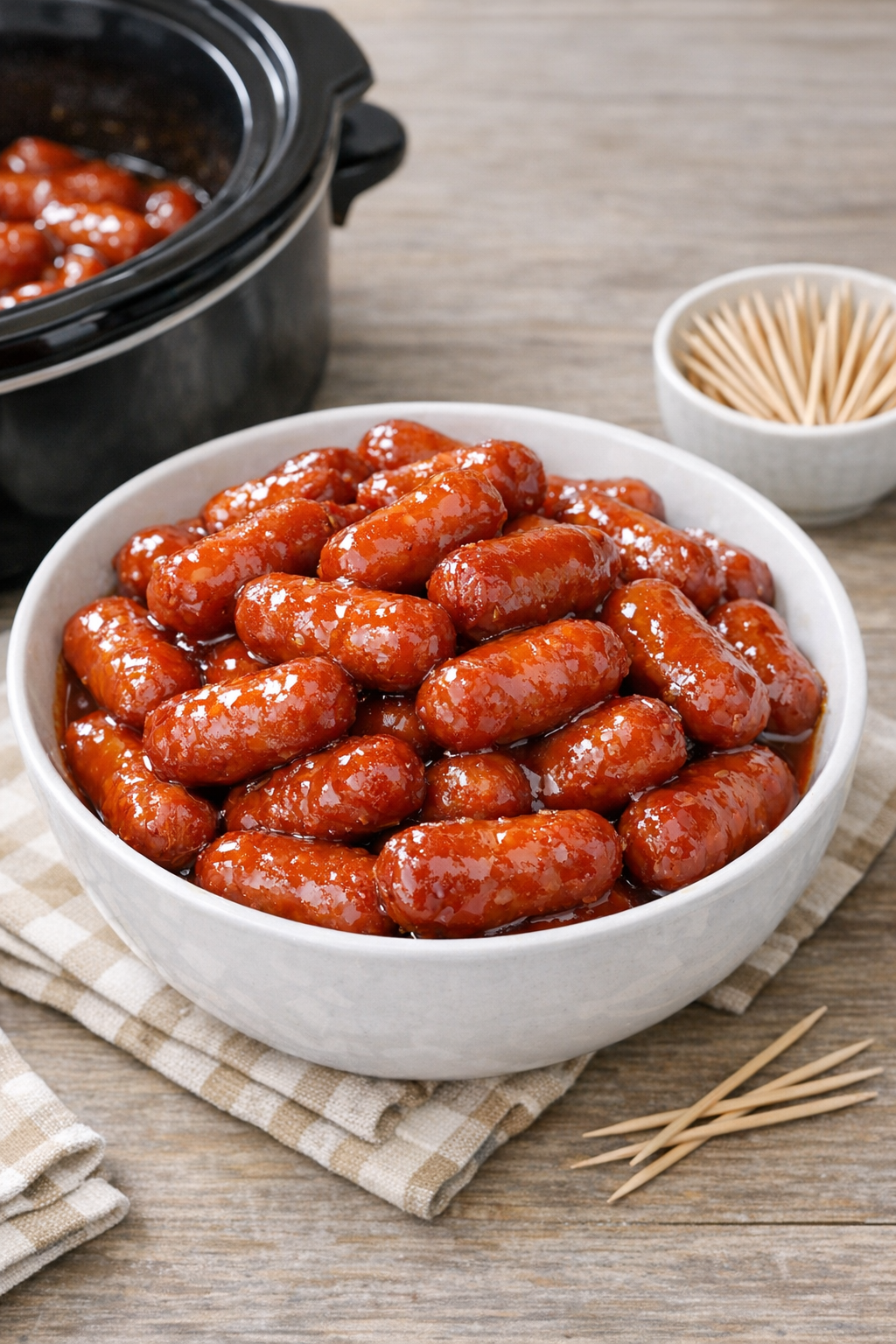 Finished glazed sausage bites in a serving bowl