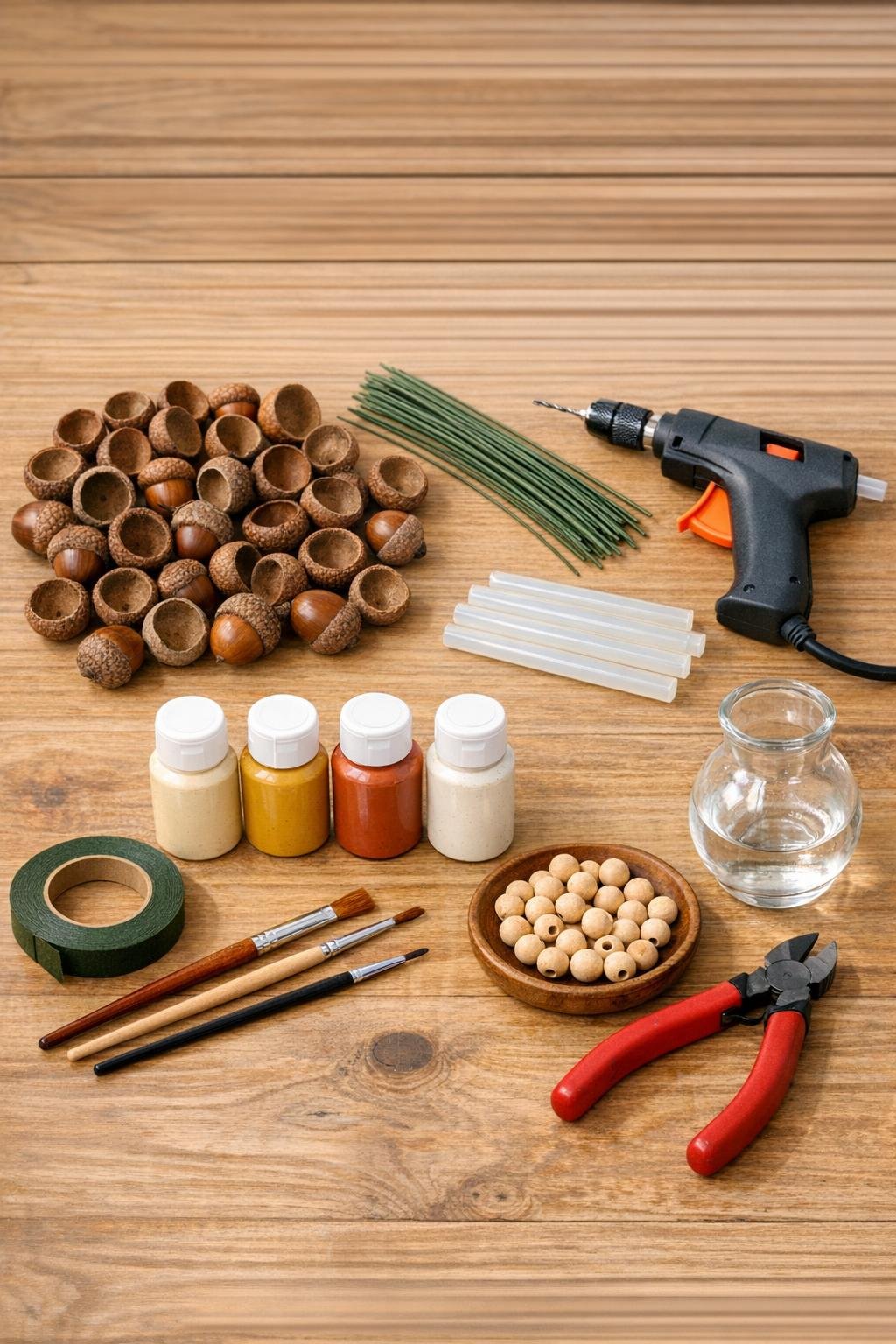 Materials for an acorn cap flower arrangement laid out on a work surface