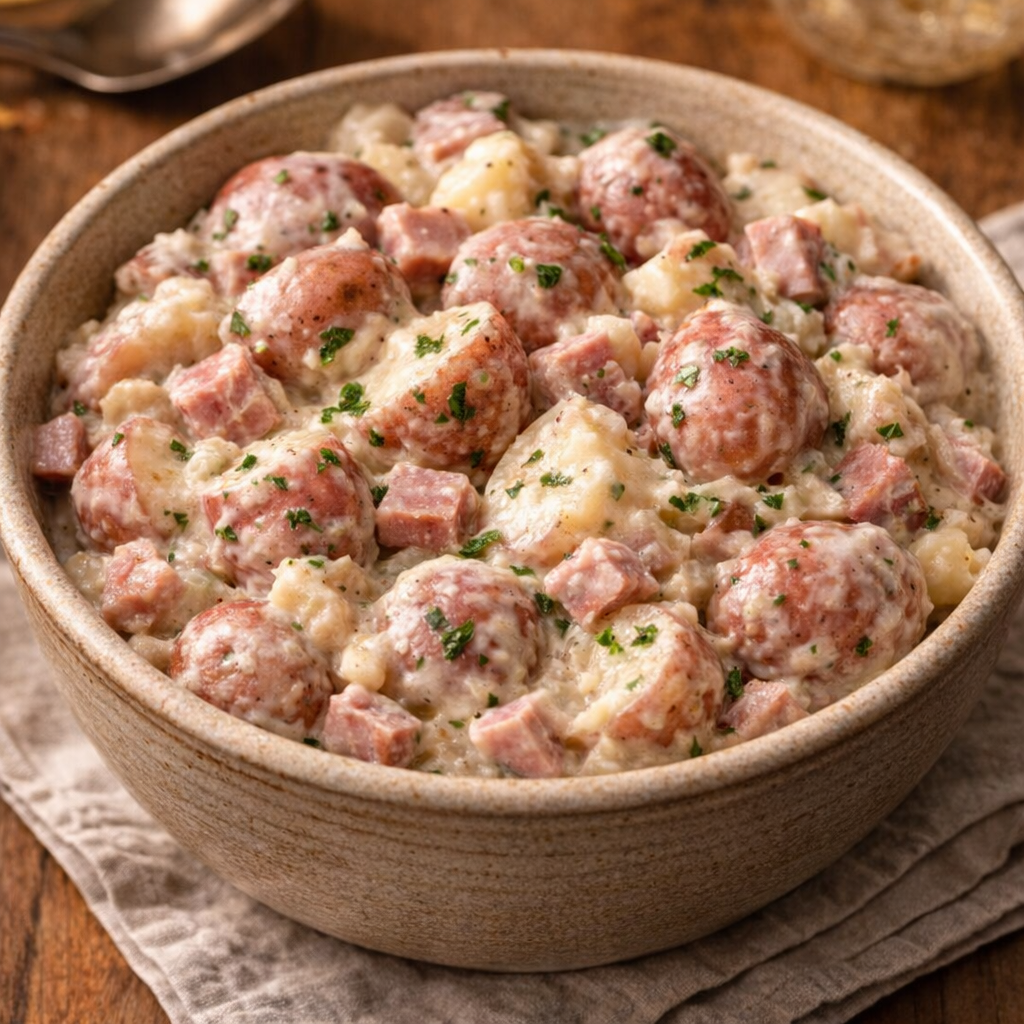 Variation with ham and herbs mixed into creamy potatoes