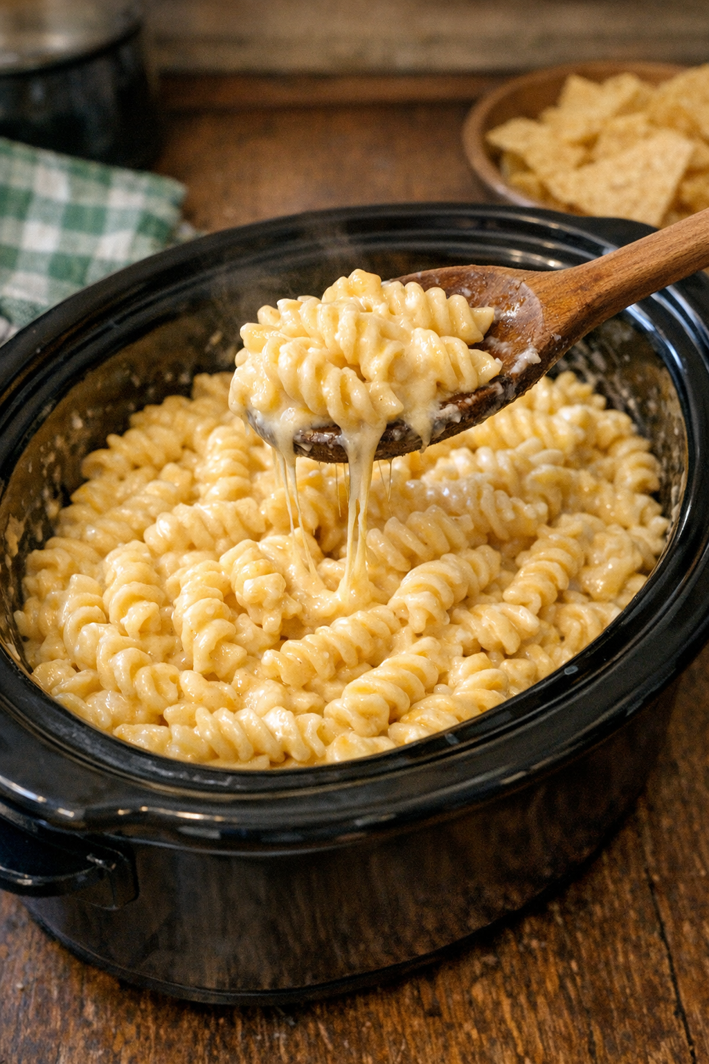 Finished creamy fusilli pasta in a black slow cooker