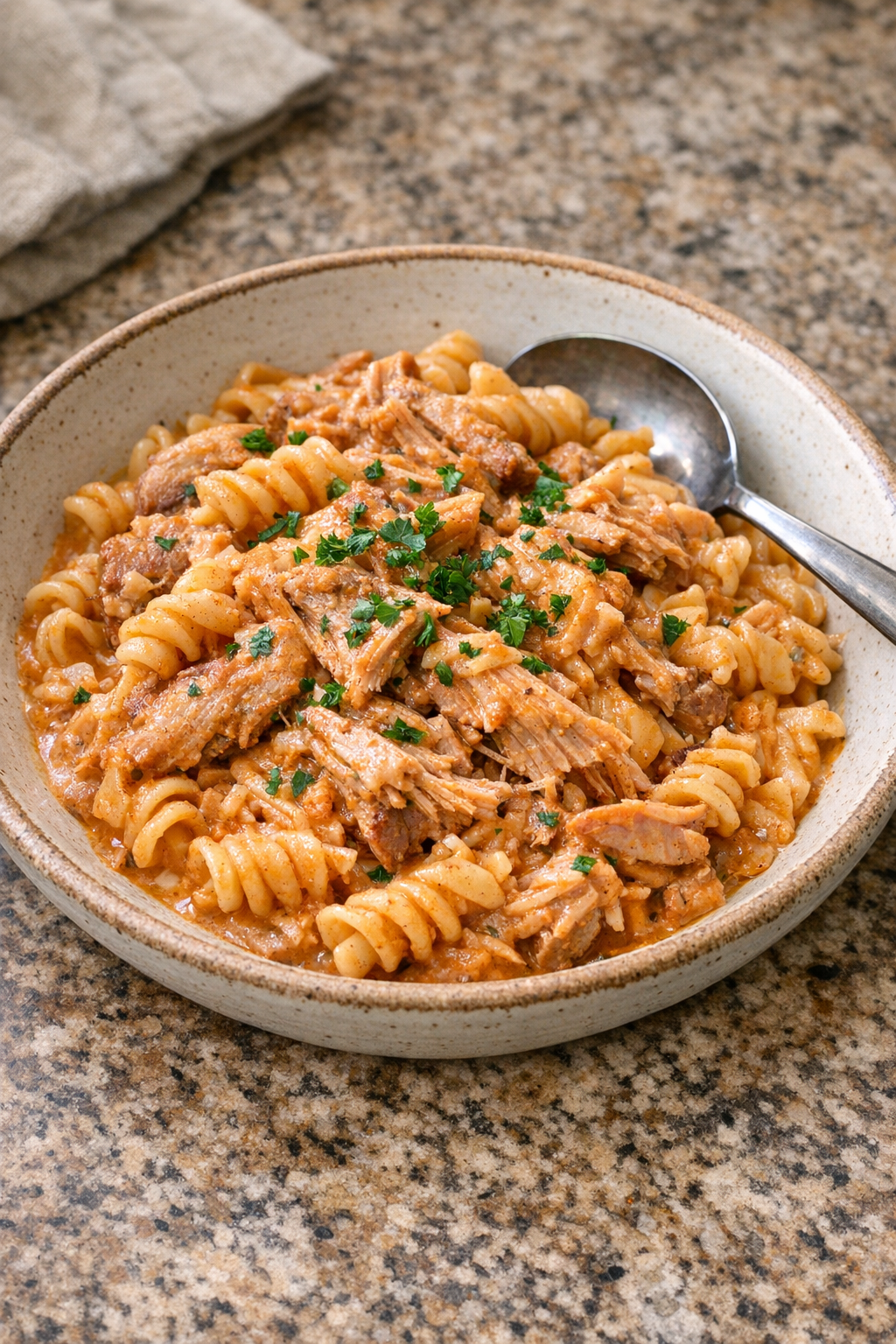 Finished paprika pork pasta plated in a rustic bowl