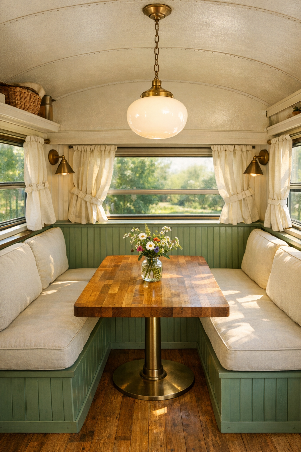 Small bus dining nook with beadboard banquette, butcher-block table, and opal glass pendant