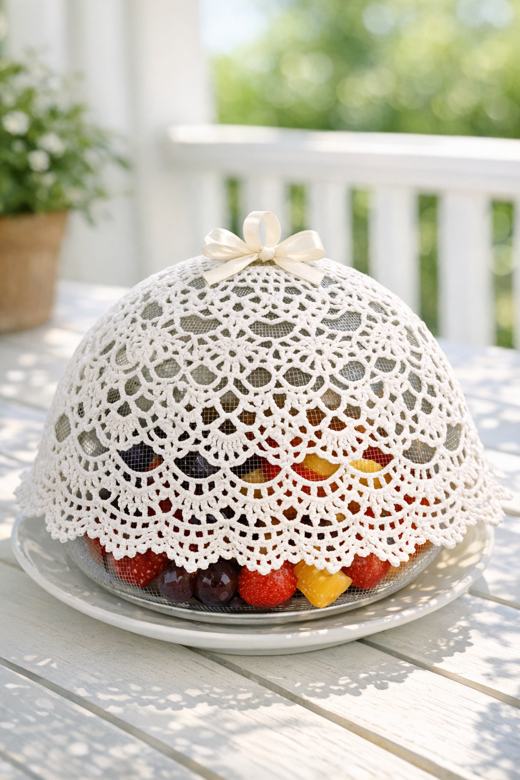 Finished crochet lace food cover dome made from an upside down mesh strainer