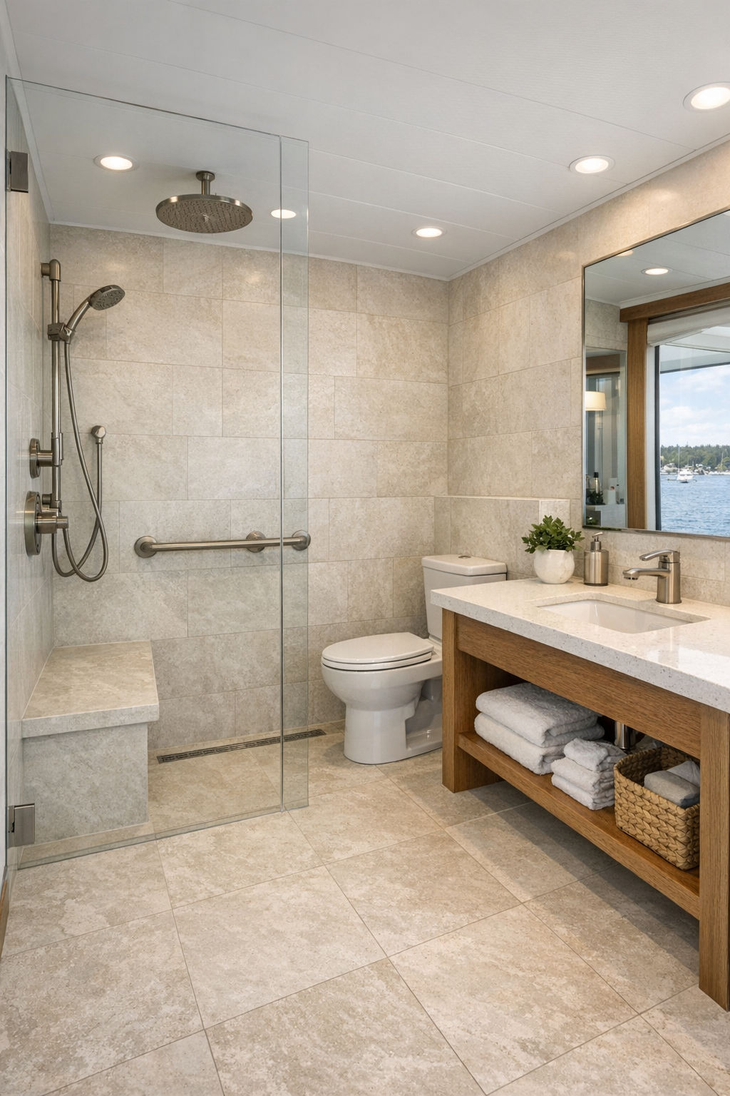 Elegant accessible bathroom with curbless shower and pale stone finishes