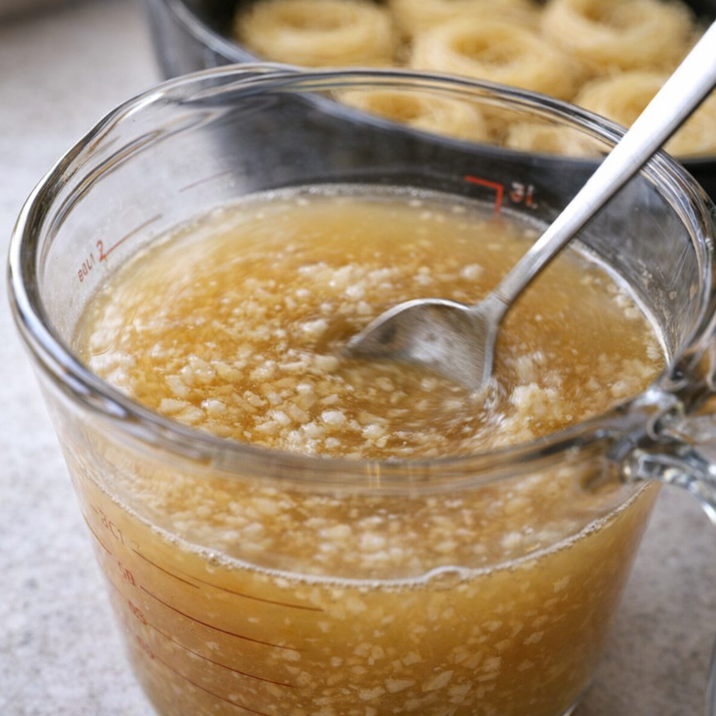 Garlic broth being mixed in a measuring cup