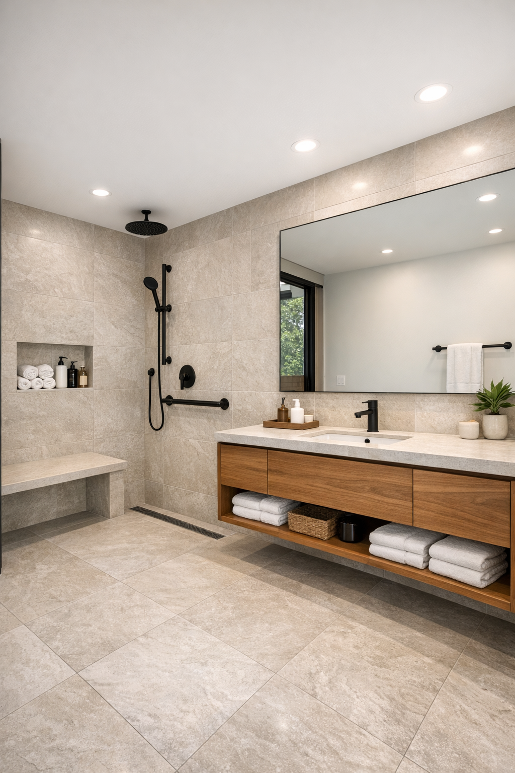 Elegant accessible bathroom with curbless shower, warm wood vanity, and soft stone tile