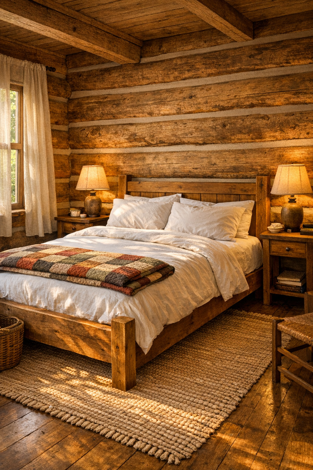 Peaceful log home bedroom with wood bed, layered linens, and soft natural light