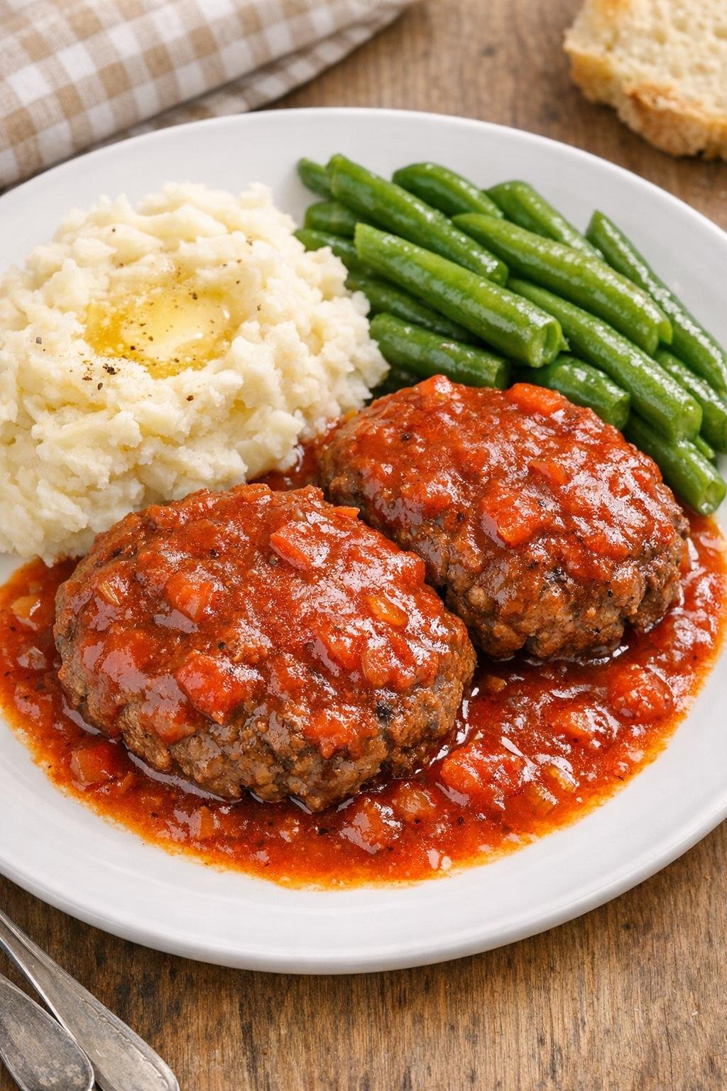 Finished slow cooker beef patties with rich tomato gravy