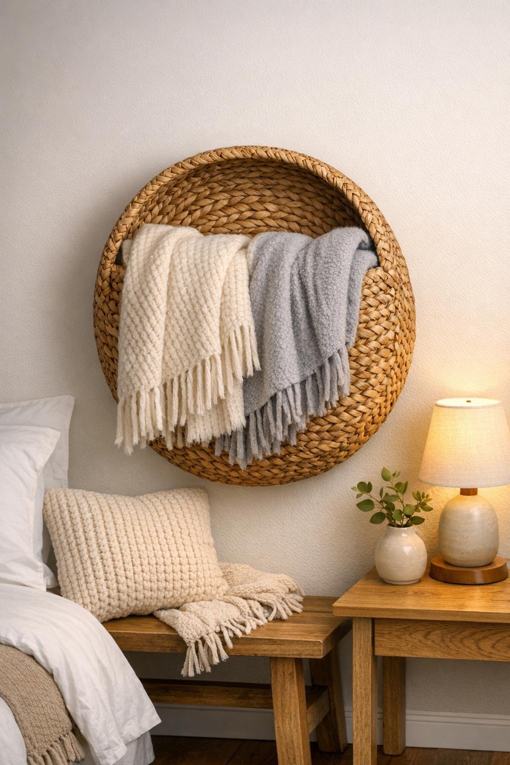 Finished wall-mounted woven basket blanket holder in a cozy bedroom