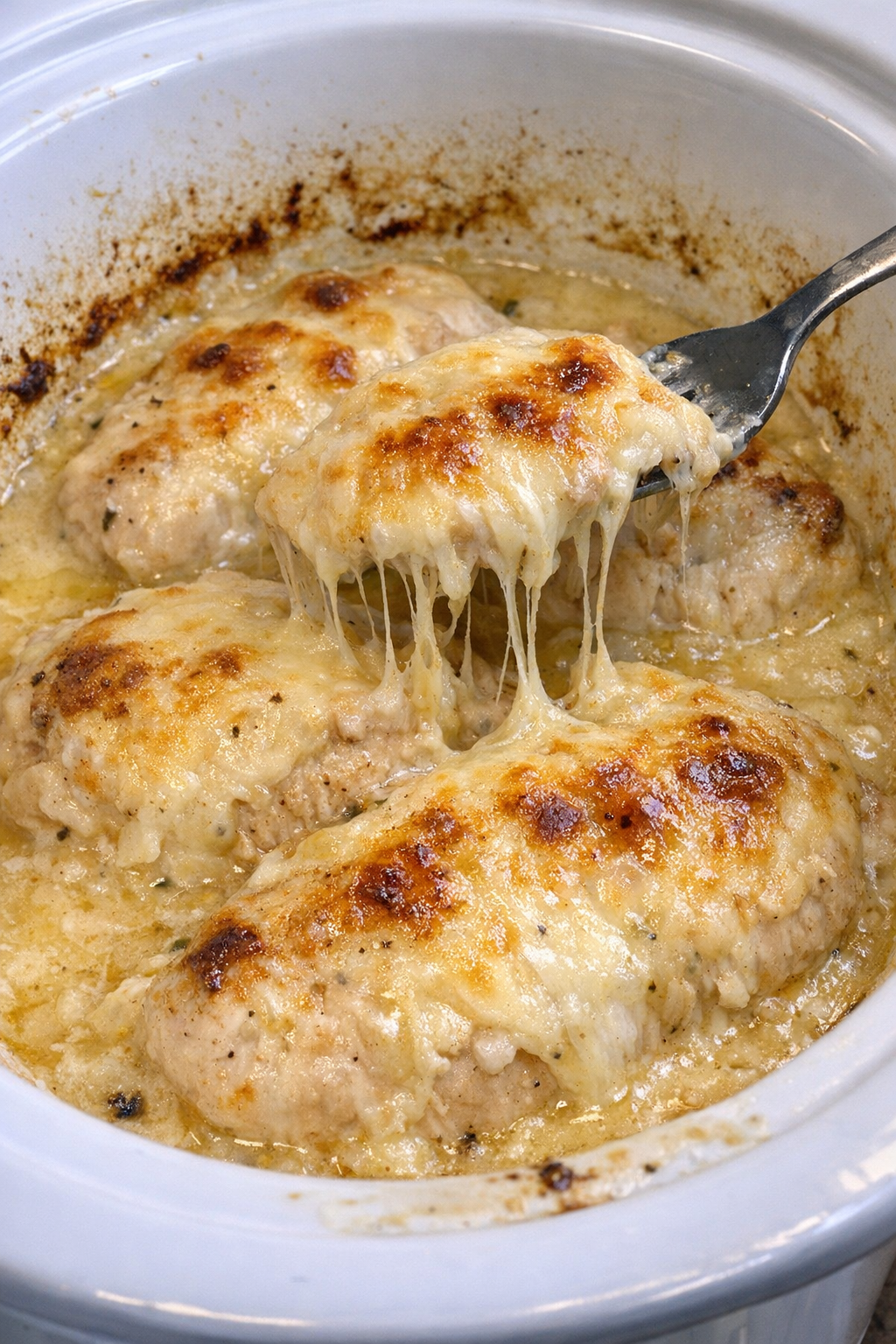 Finished slow cooker Amish Swiss chicken