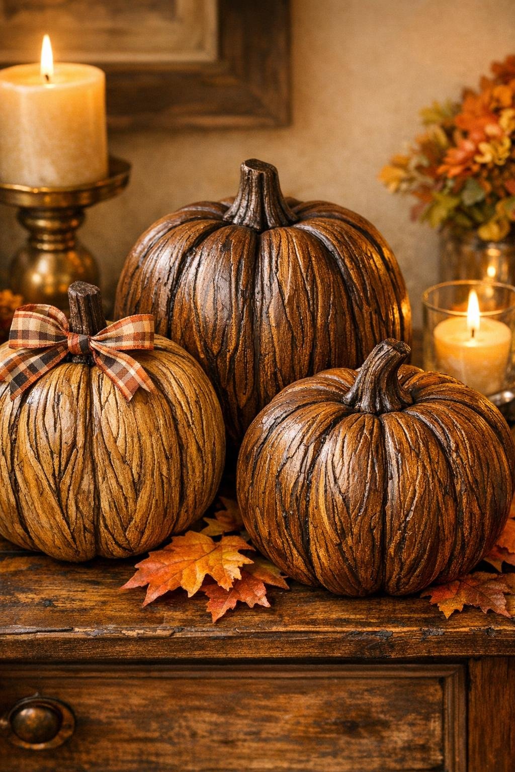 Finished faux carved wood pumpkins styled on a fall entry table