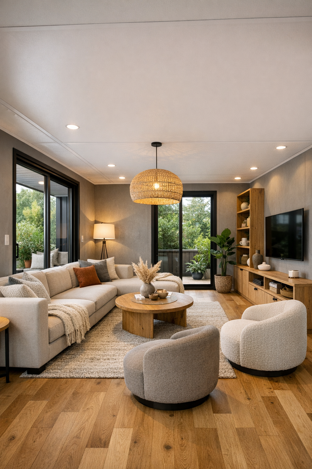 Bright accessible modern living room with warm gray tones, oak flooring, low sectional, and large black-framed windows