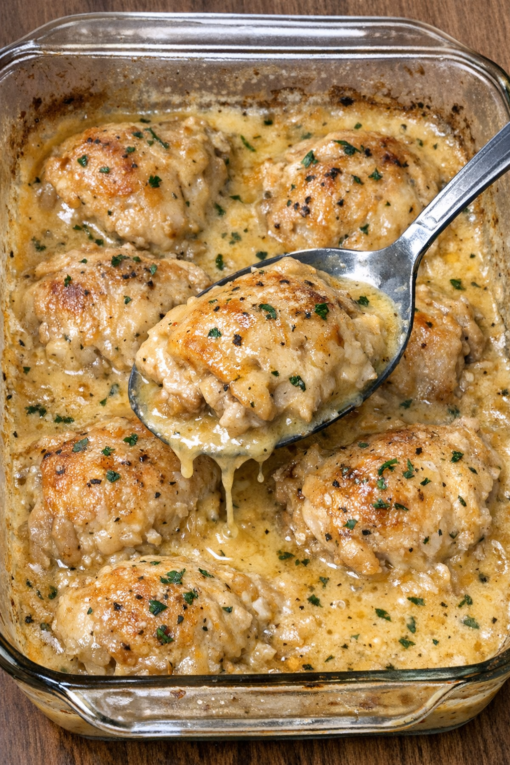Chicken thighs in creamy golden sauce in a rectangular baking dish