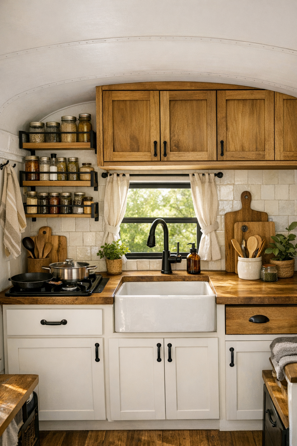 Compact farmhouse-style bus kitchen with butcher block counters and apron-front sink