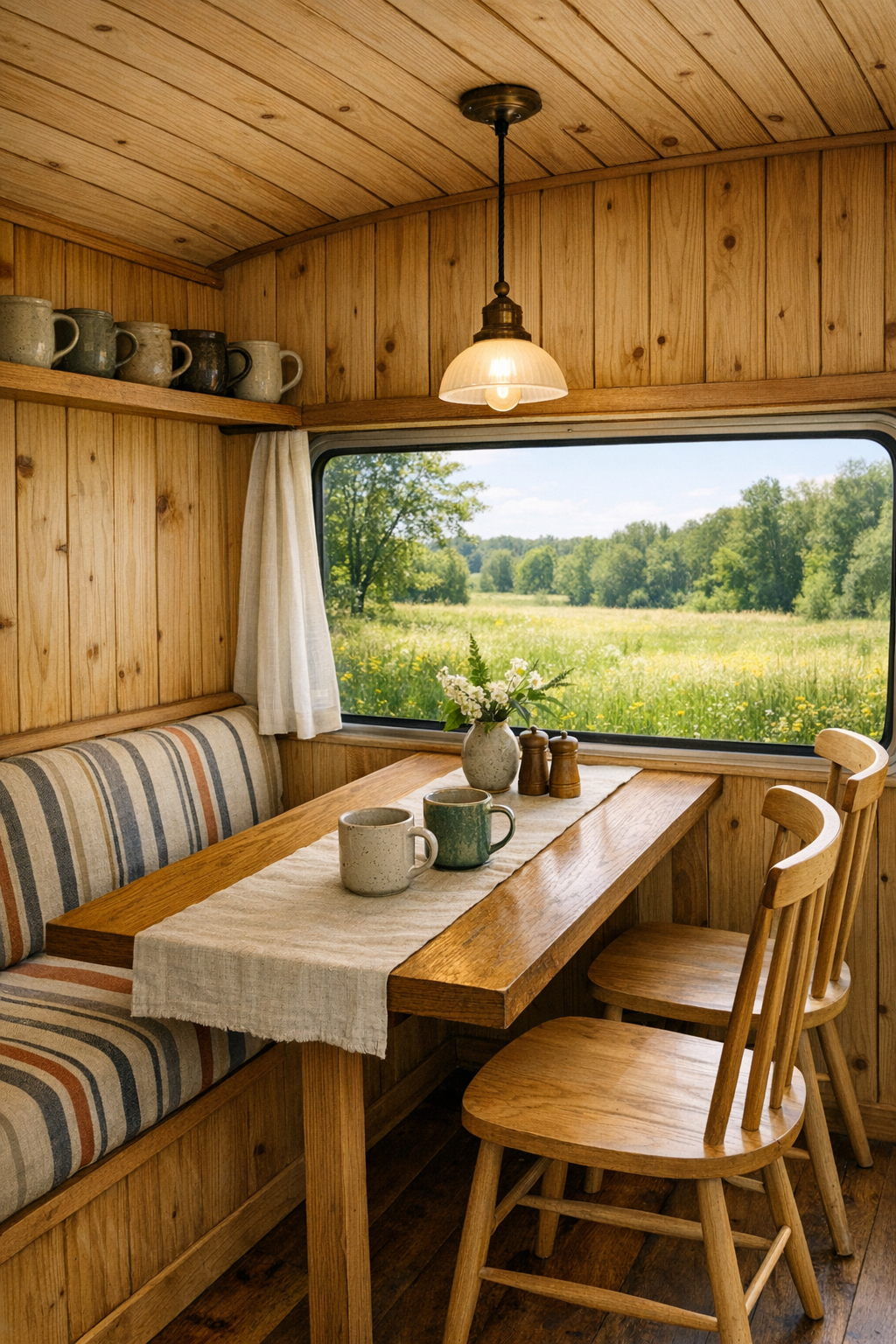 Cozy bus dining nook with oak table, bench, and meadow view