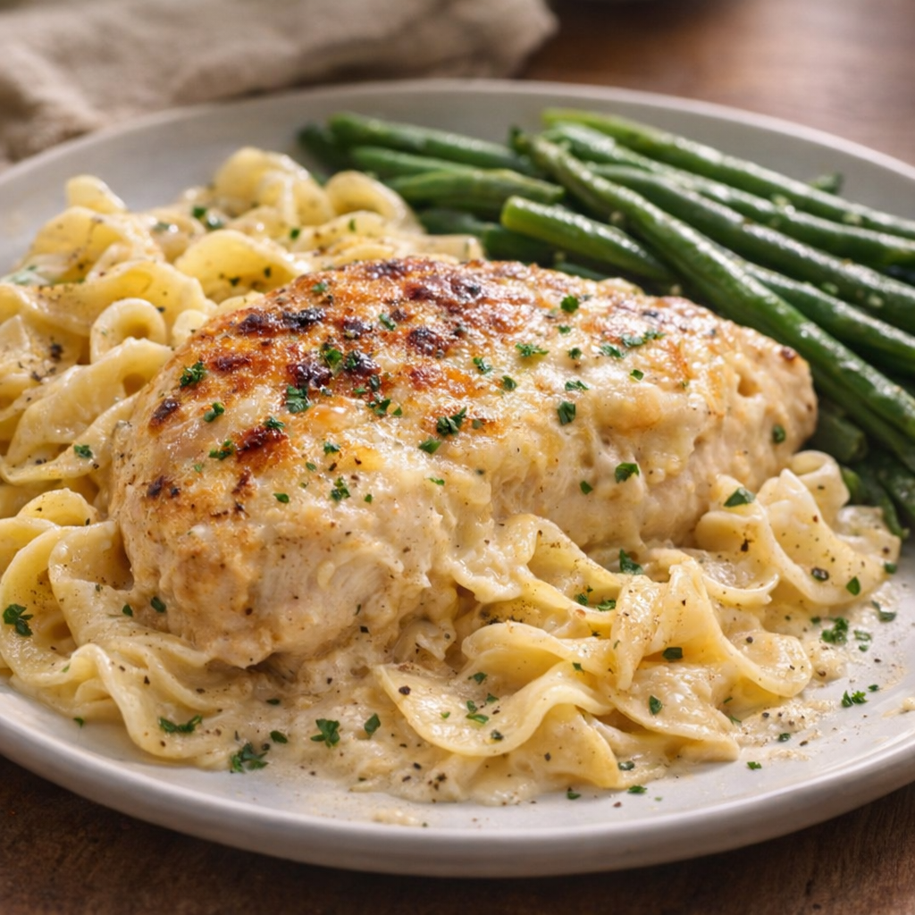 Plated chicken with noodles and green beans